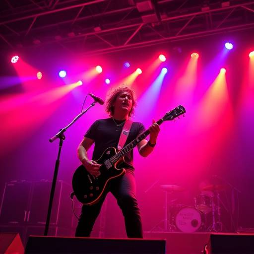 Concerto rock, il cantante che si esibisce sul palco sotto luci intense e colorate