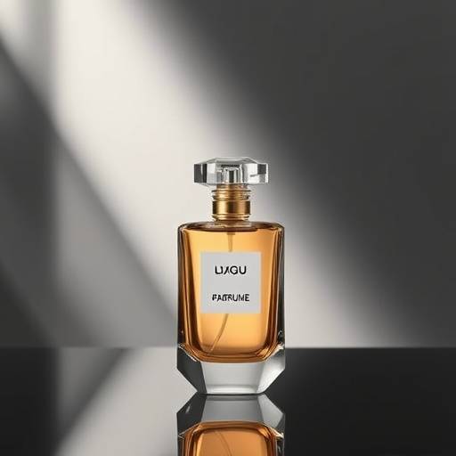 Fotografia di un flacone di profumo di lusso su uno sfondo elegante e minimalista