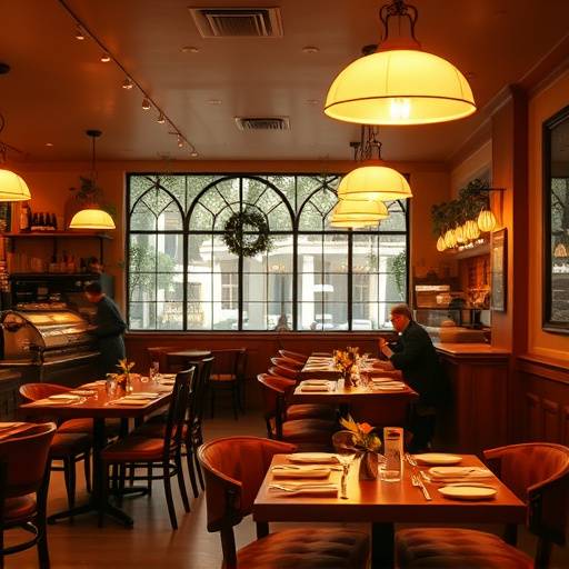Fotografia di un interno di un ristorante, con un'atmosfera calda e accogliente