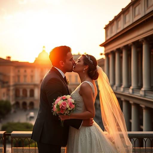 Fotografia di un matrimonio a Roma, sposi che si baciano al tramonto