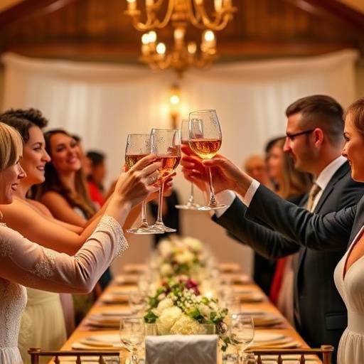 Gruppo di invitati che festeggiano e alzano i calici durante il brindisi agli sposi