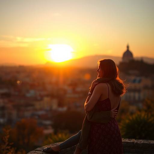 Ritratto di coppia innamorata che si abbraccia al tramonto sul Gianicolo, Roma