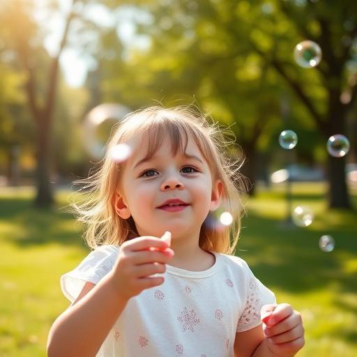 Ritratto di una bambina che gioca con le bolle di sapone in un parco