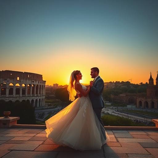 Sposi che ballano al tramonto con il Colosseo sullo sfondo, fotografia di matrimonio a Roma